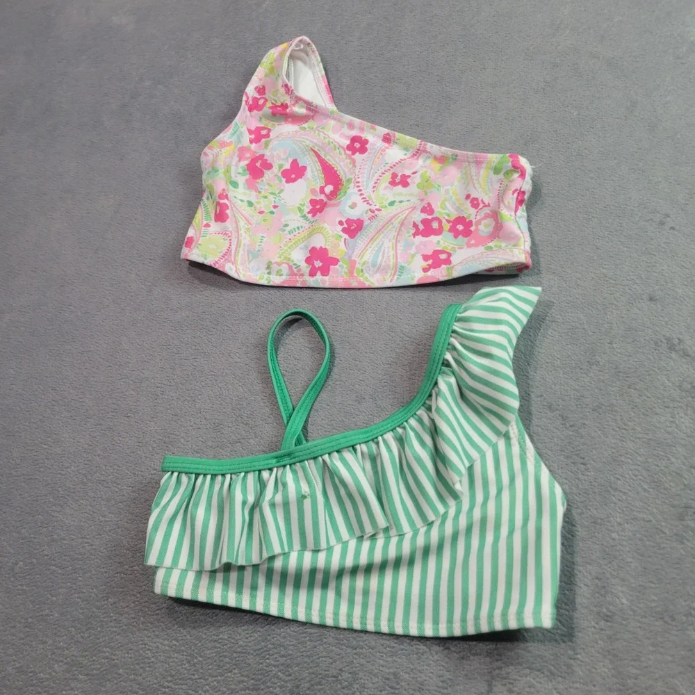 Crown & Ivy Swim Tops Girls Size 5 Pink Green Paisley Striped‎ One Shoulder 2pc